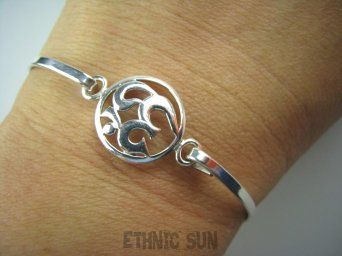 bb2126 Delikatna Lśniąca BRANSOLETA cała ze srebra Bangla z możliwością odpinania Święty Symbol Amulet OM Srebro 925