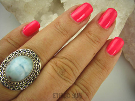 bpe6422 Egzotyczny Pierścień Rzadki Błękitny Larimar (kamień Anielski ) - stawy, serce lęki, otwiera czakrę gardła r.16 Srebro 925 #