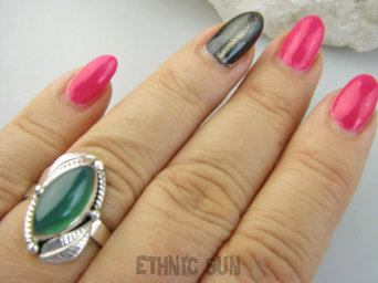 bpe9396 Delikatna piękność śliczny Pierścień Pierścionek zielony Onyks r.17 Srebro 925