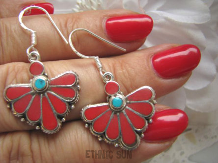 bke208 Orientalne Wachlarze z Nepalu !! CUDOWNE Wspaniałe Orientalne KOLCZYKI Koral inkrustowany Turkus Turkusy Srebro 925 Nepal