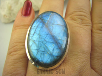 bpe4433 DUŻA TAFLA - Cudowny niebiesko błękitny OKAZ Klasyczny Pierścień Labradoryt Spektrolit kamień Zorzy Polarnej r.19 Lśniące Srebro 925 #