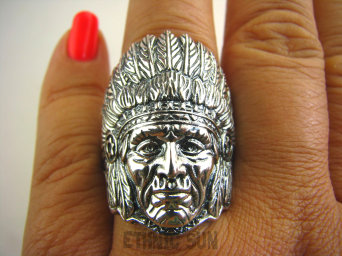 bpe4364 APACZ INDIANIN jak żywy 19 g! - SYMBOL WIEDZY I MĄDROŚCI !!! Niezwykły DUŻY 3,5cm Pierścień INDIANIN Cały ze Srebra r .21  Srebro 925