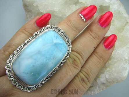 bpe5636 WIELKI 5 cm, 35 gramów Niebiański Pierścień RZADKI Anielski kamień LARIMAR - stawy, serce lęki , otwiera czakrę gardła r.19/ r.20 Srebro 925 #