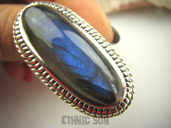 bpe4470 PIĘKNA BOGINI !!!! Cudowny Duży Długi 4,3 cm OKAZ Pierścień naturalny Niebiesko Granatowy Labradoryt Spektrolit - kamień Zorzy Polarnej r.22/ r.23 Srebro 925 # DUŻY ROZMIAR 