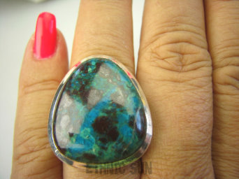 bpe8165 Uff Cudowny Klasyczny Pierścień Niewiarygodnie piękny AZURYT Z CHRYZOKOLĄ RZADKOŚĆ r.17 Srebro 925 #