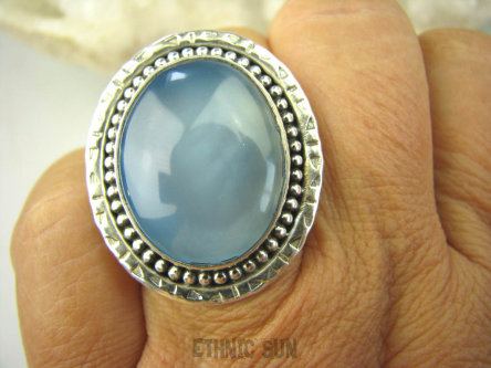 bpe8335 Błękitne Cacko Niebieski WSPANIAŁY Pierścień wodny CHALCEDON (TARCZYCA) r.16 egzotycznie zdobione Srebro 925 #