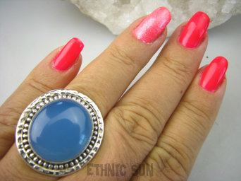 bpe8187 Błękitne Cacko Niebieski WSPANIAŁY Pierścień CHALCEDON (TARCZYCA) r.16 egzotycznie zdobione Srebro 925 #