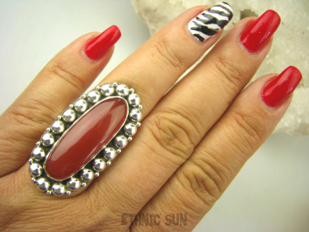 bpe8035 Piękny Egzotyczny DUŻY 4,1 cm Pierścień czerwony Onyks - regeneruje SERCE, EGZEMY, PAMIĘĆ r.19 Srebro 925 #