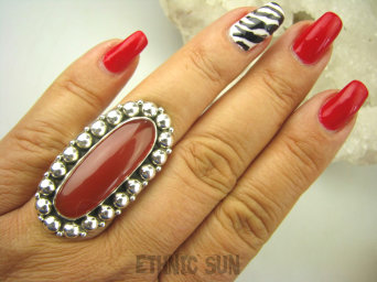 bpe8035 Piękny Egzotyczny DUŻY 4,1 cm Pierścień czerwony Onyks - regeneruje SERCE, EGZEMY, PAMIĘĆ r.19 Srebro 925 #