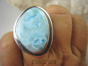 bpe6347 Klasyczny dUZY BŁĘKITNY Pierścień Rzadki Błękitny Larimar (kamień Anielski ) - stawy, serce lęki, otwiera czakrę gardła r.16 Srebro 925 #