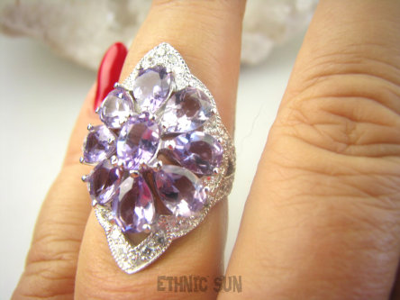 bpee4101 Długi Lśniący Pierścień Pierścionek naturalny Fioletowy Ametyst, oraz Cyrkonie r.14 SREBRO RODOWANE 925 #