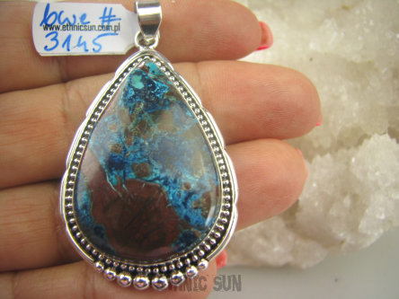 bwe3145 Piękna Egzotyczna Kropla !!!  Wisior naturalny Brązowo Niebieski AZURYT zdobione Srebro 925 #
