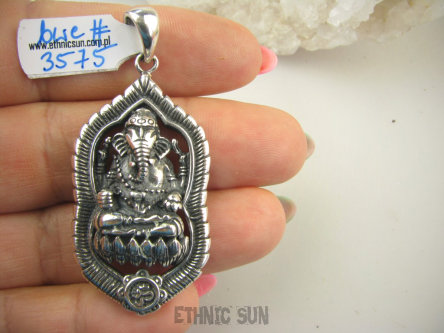 bwe3575 PRZEPIEKNY  DUŻY 5.5 cm masywny waga 20 g AMULET GANESZ Ganesh - Bóg Obfitości, Powodzenia, Opiekun Dzieci, Om, Kwiat Lotosu, Mantra OM Wisior cały ze Srebra SREBRO 925 #