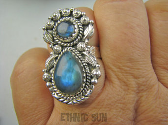 bpe9482 Ufff Cacko Czarodziejsko Piękny Długi 3.4 cm Orientalny Pierścień Pierścionek Labradoryt Spektrolit r.16/ r.17 Srebro 925 #