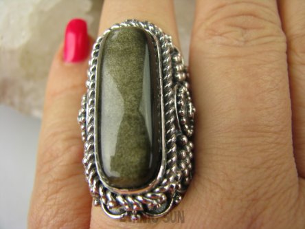 bpe6871 CUDO RARYTAS NASZ PROJEKT  !!! Duży Masywny 30 G !!! PIERŚCIEŃ czarny OBSYDIAN ze złota poświatą z Meksyku r.21 Srebro 925 #