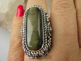 bpe6871 CUDO RARYTAS NASZ PROJEKT  !!! Duży Masywny 30 G !!! PIERŚCIEŃ czarny OBSYDIAN ze złota poświatą z Meksyku r.21 Srebro 925 #