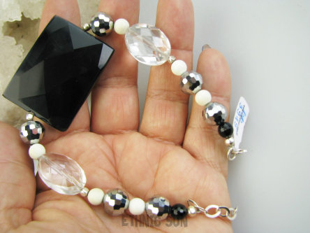 bb3915 Luksusowa Elegantka Bransoleta Bransoletka Onyks Biały Koral Kryształki niczym Swarovski Srebro 925