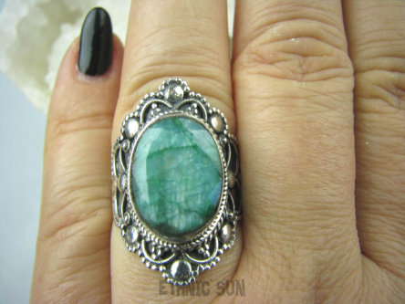 bpee3037 SZMARAGDOWY KLEJNOT - Piękny Egzotyczny OKAZ Pierścień zielony Szmaragd Indyjski Szmaragdy r.17 Srebro 925 #