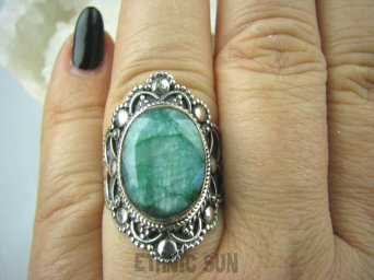 bpee3037 SZMARAGDOWY KLEJNOT - Piękny Egzotyczny OKAZ Pierścień zielony Szmaragd Indyjski Szmaragdy r.17 Srebro 925 #
