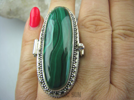 bpe5647 GIGANT AŻ 33 gramy Długi 4,6 cm Otwierany Duży  SEKRETNIK  !! Pierścień na Zdjęcia lub Marzenia Malachit - pobudza kreatywność r.16 Srebro 925 #