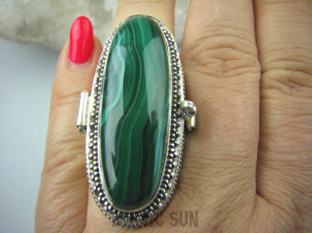 bpe5647 GIGANT AŻ 33 gramy Długi 4,6 cm Otwierany Duży  SEKRETNIK  !! Pierścień na Zdjęcia lub Marzenia Malachit - pobudza kreatywność r.16 Srebro 925 #