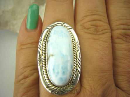bpe8236 PIĘKNY OKAZ Duży 3,7CM  !!! Pierścień RZADKI Anielski kamień Błękitny LARIMAR - stawy, serce, lęki , otwiera czakrę gardła r.17 Srebro 925 #