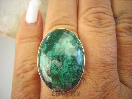 bpe8115 CUDO  klasyczny Duży OKAZ Pierścień naturalna zielona CHRYZOKOLA  RZADKOŚĆ r.19/ r.20 Srebro 925