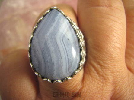 bpe4621 CZARODZIEJSKI Pierścień  fioletowo-błękitny KORONKOWY AGAT BLUE LACE kamień spokoju i pozytywnego myślenia idealny na  STRES , CHOROBY OCZU , USZU UKOJENIE DUSZY  r.21/ r.22  Srebro 925 #