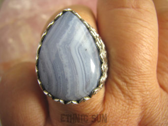 bpe4621 CZARODZIEJSKI Pierścień  fioletowo-błękitny KORONKOWY AGAT BLUE LACE kamień spokoju i pozytywnego myślenia idealny na  STRES , CHOROBY OCZU , USZU UKOJENIE DUSZY  r.21/ r.22  Srebro 925 #