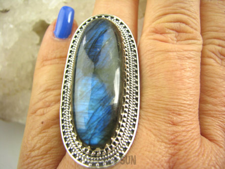 bpe7177 OLBRZYM  4.8 cm CUDNY DŁUGI Regulowany Pierścień niebiesko granatowy Labradoryt Spektrolit kamień Zorzy Polarnej r.18, r.19, r.20, r.21, r.22 Srebro 925 #
