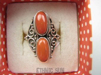 bpe9655 Rzadkość Magnetyzujący Talizman przyciąga Szczęscie i Sukces!!!! Egzotyczny Pierścień Pierścionek Wysadzany naturalnymi Koralami r.16 Koral Srebro 925 #