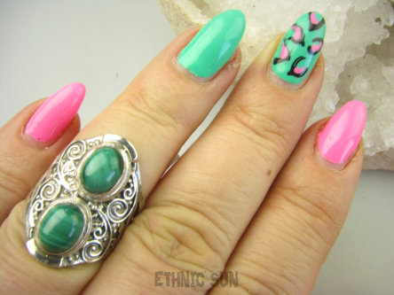 bpe8882 Biżuteria Egzotyczna !!! Pierścień Pierścionek  MALACHIT - pobudza kreatywność r.12/r.13 szeroka obrączka Srebro 925 #