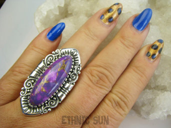 bpe9668 Długi 4.7cm Fioletowy UNIKAT w orientalnej szerokiej oprawie !!!! Pierścień Pierścionek TURKUS MIEDZIANY MIEDZIOWY r.20/ r.21 Srebro 925 #