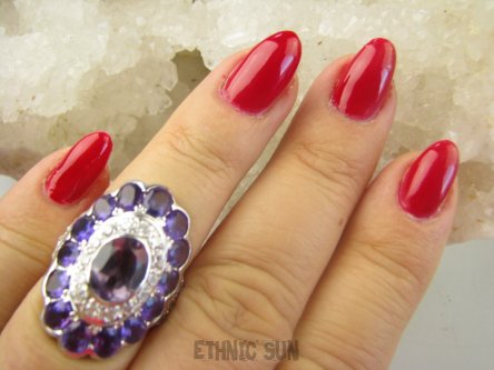 bpee4112  BOSKO PIĘKNY Pierścień Pierścionek naturalne Ametysty, Ametyst oraz Cyrkonie r.13/ r.14 SREBRO RODOWANE 925 #