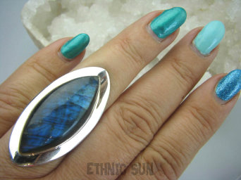 bpe5841 Klasyczny Długi 4,3 cm niebieski  Pierścień Labradoryt Spektrolit r.16/ r.17 Lśniące Srebro 925 #