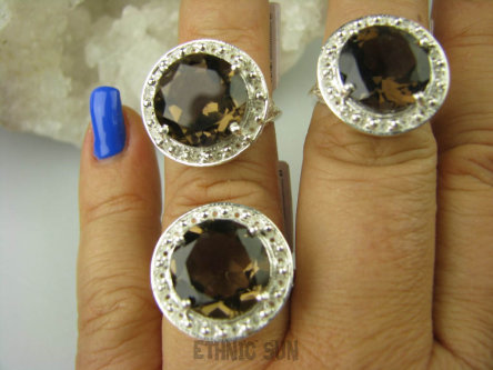 bpee3591 CUDOWNY LUX Wysoki Pierścień szlifowany Kwarc Dymny - kamień antystresowyr.16 Srebro 925 #