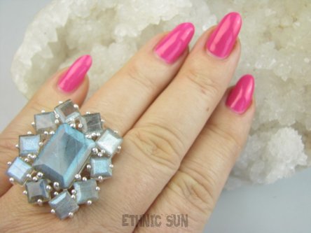 bpee4508 KRÓLEWSKI olbrzym KLEJNOT - Max Blask bardzo się mieni DUŻY OKAZ 20g !!! Piękny Lśniący Pierścień Pierścionek szlif Labradoryt Spektrolit - kamień Zorzy Polarnej r.18 Srebro 925 #