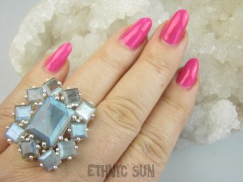 bpee4508 KRÓLEWSKI olbrzym KLEJNOT - Max Blask bardzo się mieni DUŻY OKAZ 20g !!! Piękny Lśniący Pierścień Pierścionek szlif Labradoryt Spektrolit - kamień Zorzy Polarnej r.18 Srebro 925 #