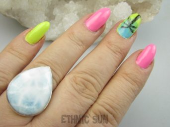 bpe9586 Klasyczny Regulowany Pierścień Pierścionek RZADKI kamień Anielski LARIMAR - stawy, serce, lęki, otwiera czakrę gardła r.18, r.19, r.20, r.21 Srebro 925 #