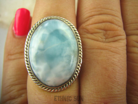 bpe6414 Egzotyczny Pierścień Rzadki Błękitny Larimar (kamień Anielski ) - stawy, serce lęki, otwiera czakrę gardła r.15/ r.16 Srebro 925 #