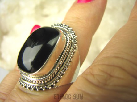 bpe6765 Śliczny zdobiony Pierścień Czarny ONYKS regeneruje SERCE, EGZEMY, PAMIĘĆ r.14 Srebro 925 #