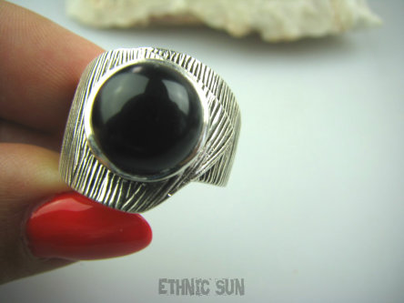 bpe5033 Tak inny śliczny wzór -  Cudny Pierścień czarny Onyks - regeneruje SERCE, EGZEMY, PAMIĘĆ r.17  Srebro 925 #