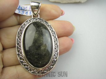bwe3918 Cudny Duży 25g! Wisior Zawieszka OBSYDIAN ZŁOCISTY z Meksyku (czarny ze złotą poświatą) Srebro 925 #