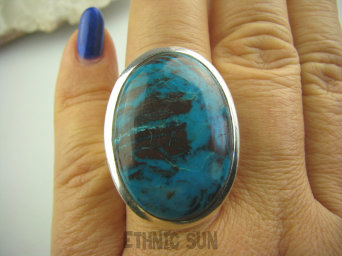 bpe3493 Uff Cudowny Klasyczny Pierścień Niewiarygodnie piękny AZURYT Z CHRYZOKOLĄ RZADKOŚĆ r.23 Srebro 925 #