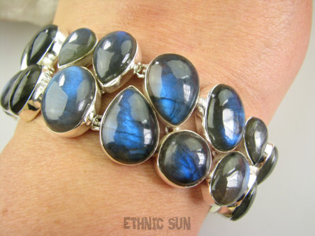 bb3767 XXXL KRÓLOWA NOCY !!!! Maxymalnie lśniąca DWURZĘDOWA Ogromna szeroka 55 gramów!!! WSPANIAŁA Bransoleta z Labradorytami Labradoryt Spektrolit Srebro 925 #