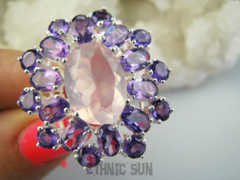 bpee4595 OLŚNIEWAJĄCO PIĘKNY woow cud !!! Luksusowy Pierścień Pierścionek Kwarc Różwy Ametyst Ametysty r.17 Srebro 925 #