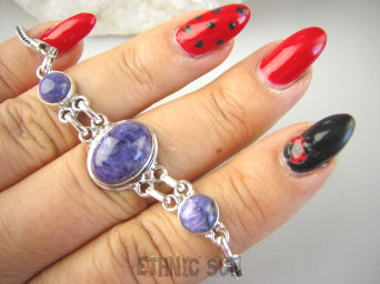 bb3718 Prześliczna Elegancka Bardzo Wygodna Delikatna Bransoleta Bransoletka Drogocenny Fioletowy Czaroit Srebro 925 #