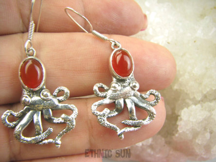 bke1194 Figlarne i przepiękne Ośmiorniczki cudowne kolczyki Ośmiornica - symbolizuje kreatywność, Czerwony Onyks SREBRO 925