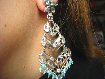 bkee689 BOLLYWOOD - SUŁTAŃSKIE KSIĘŻNICZKI z kamieniami Młodości Blue Topazami Długie 8 cm Duże Ażurowe Kolczyki na sztyft Blue Topaz Chalcedon Srebro 925