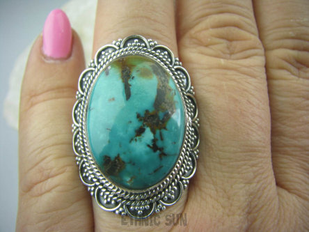 bpe5668 Egzotyczny DUŻY cudowny Pierścień NATURALNY TURKUS - opiekun ciała i duszy r.19 Turkusy Srebro 925 #